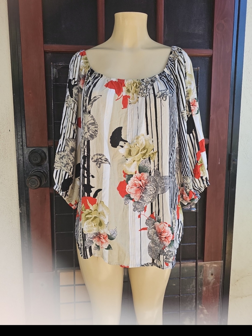 Unique Spectrum Floral Stripe Off-Shoulder Tunic in White, Black, Red, Green